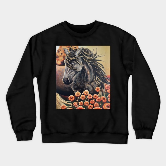 Golden Horse Floral Painting Crewneck Sweatshirt by Lady Lilac